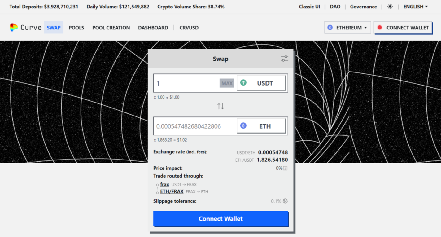 Интерфейс децентрализованной биржи Curve