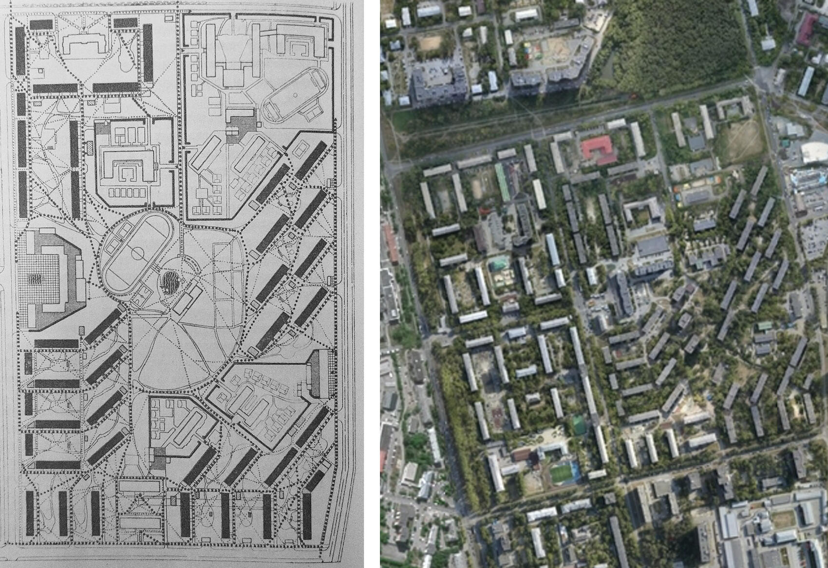 Фото 1 – проект квартала 21, предоставлено Александром Думчиковым; фото 2 – микрорайон 21 сейчас, скриншот Google Maps