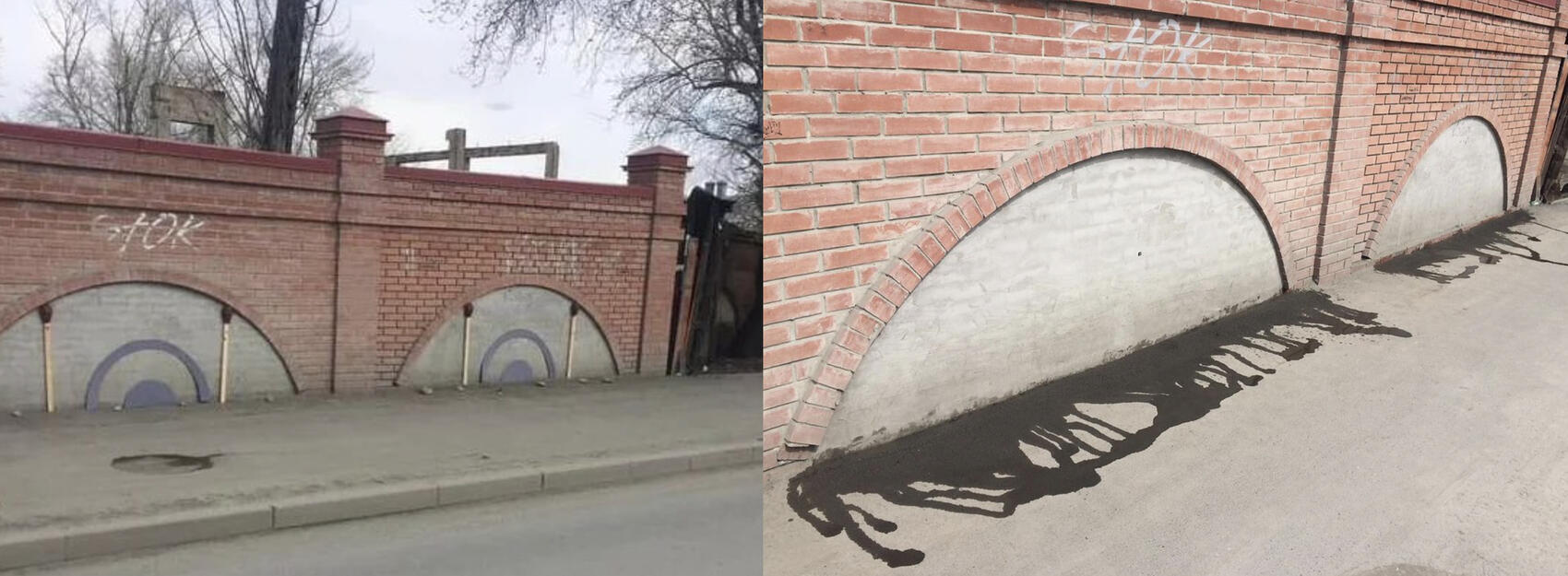 У Сергея Лаушкина есть целая серия работ, сделанных на одном и том же месте – у забора на ВИЗе. Все они остались лишь на фотографиях. На фото – «Не спать» и «Глаза на мокром месте». Источник: соцсети Сергея Лаушкина 