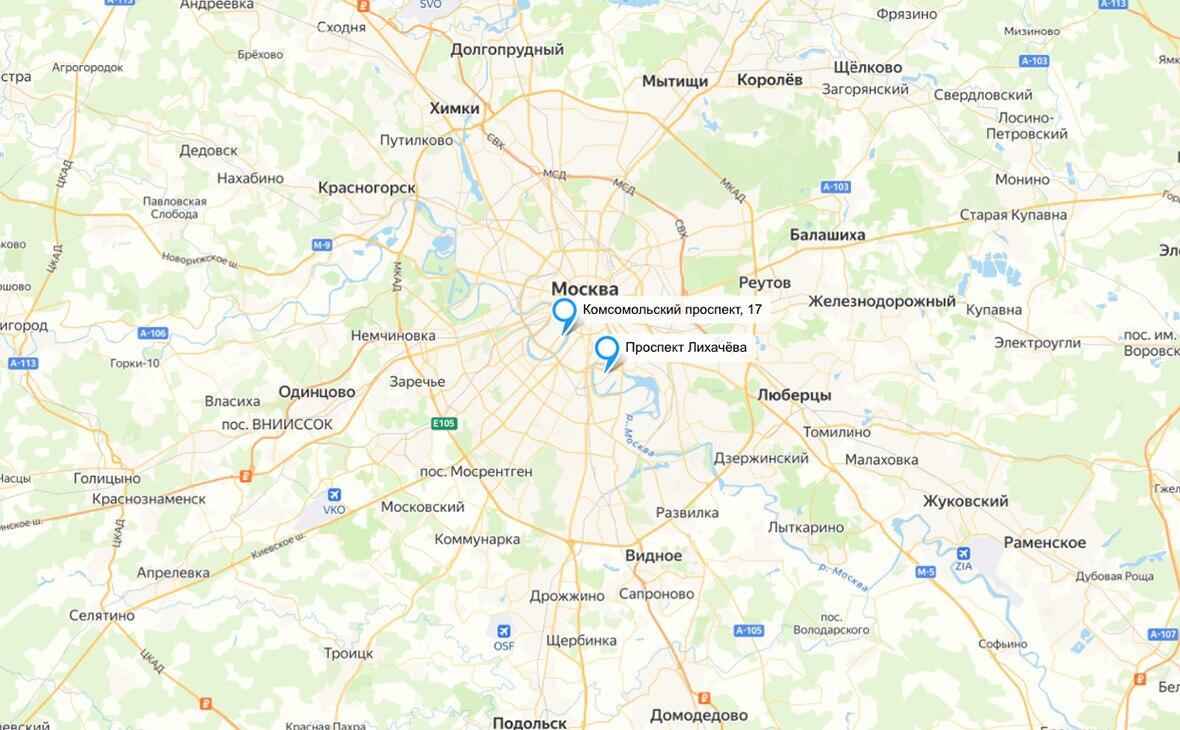 Карта ударов беспилотников по Москве. Скриншот: РБК.