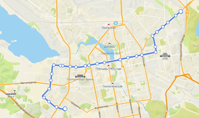 Маршрут, по которому будет ездить новый трамвай. Скриншот: 2GIS