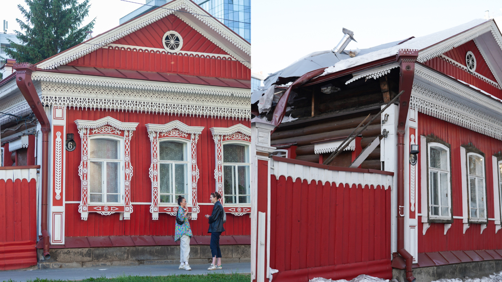 Дом Топоркова сразу после реставрации (слева) и после попытки сноса (справа)