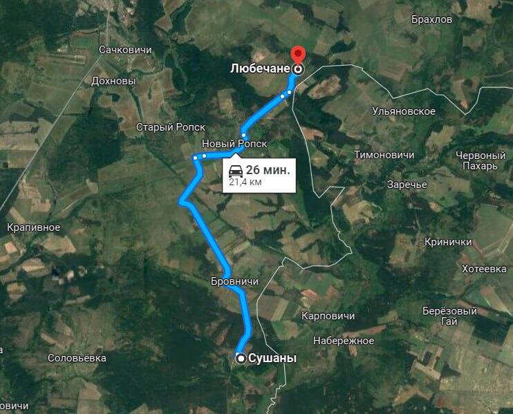 Села Сушаны и Любечане, которые по заявлениям властей подверглись атакам, находятся на российско-украинской границе. Расстояние между ними по автомобильной дороге составляет чуть более 21 километра. Скриншот: Google Maps