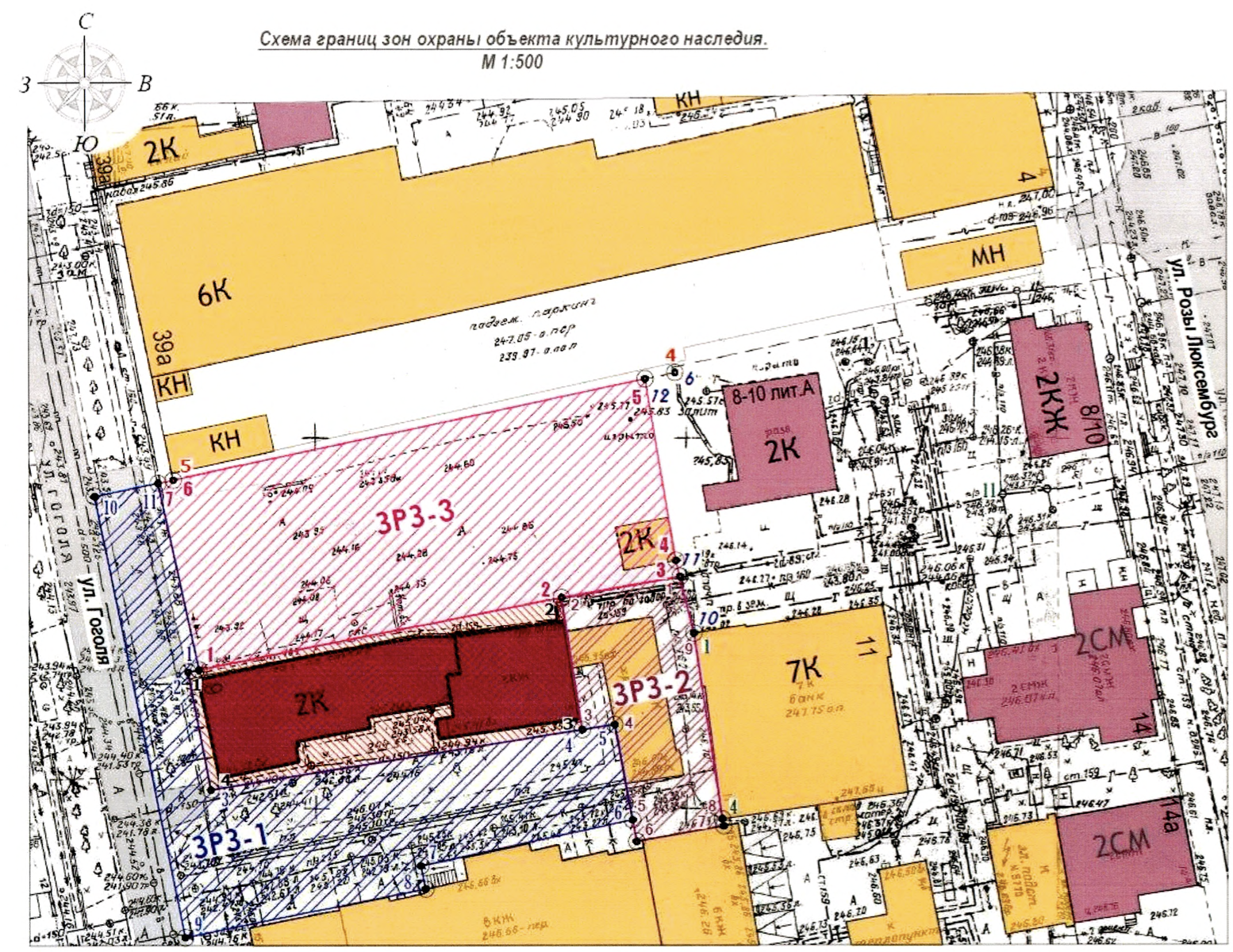 В зоне ЗРЗ-3 находится парковка за фальшфасадом. В зоне ЗРЗ-2 располагается дом Безбородова с приходом святой Анны. Схема из акта экспертизы