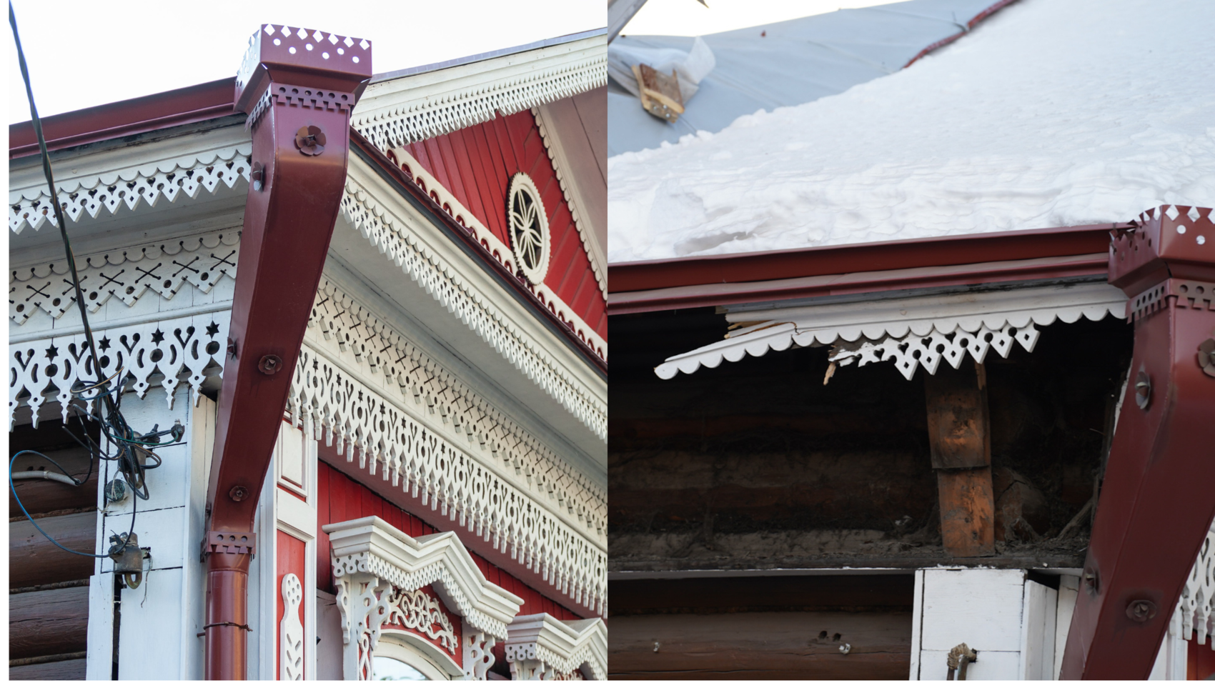 Дом Топоркова сразу после реставрации (слева) и после попытки сноса (справа)