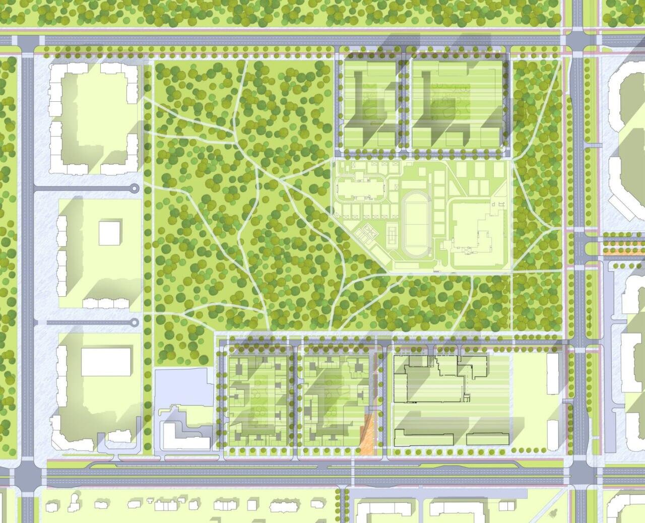 Рендер парка с жилым комлексом. Предоставлено «Атомстройкомплексом»