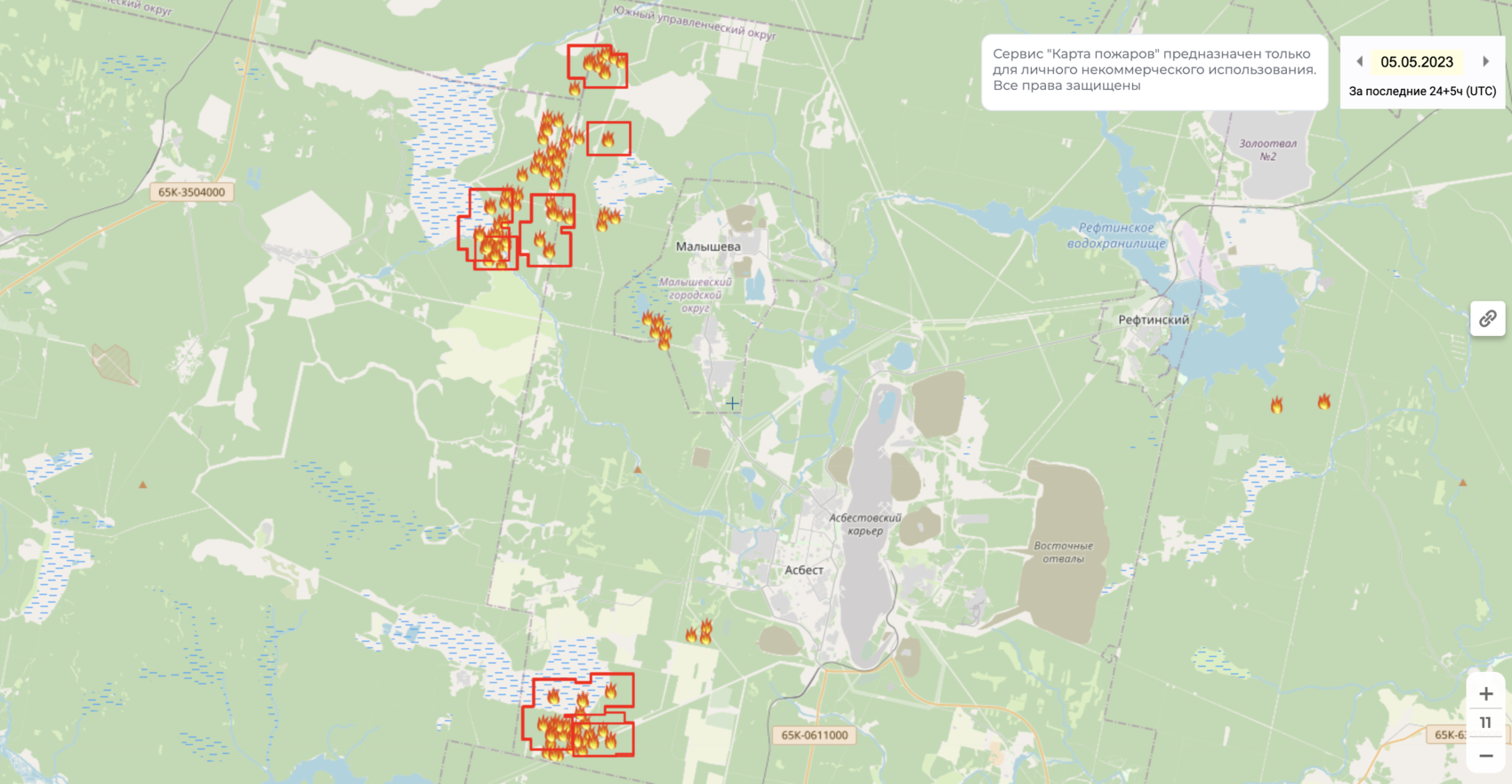 Информация о пожарах в Асбесте. Источник: сервис 