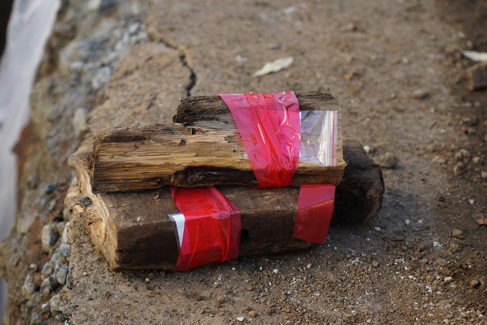 Красным скотчем отмечены бруски, которые археологи собираются забрать с собой на дальнейшее исследование. Фото: Елена Елизарова / It’s My&nbsp;City