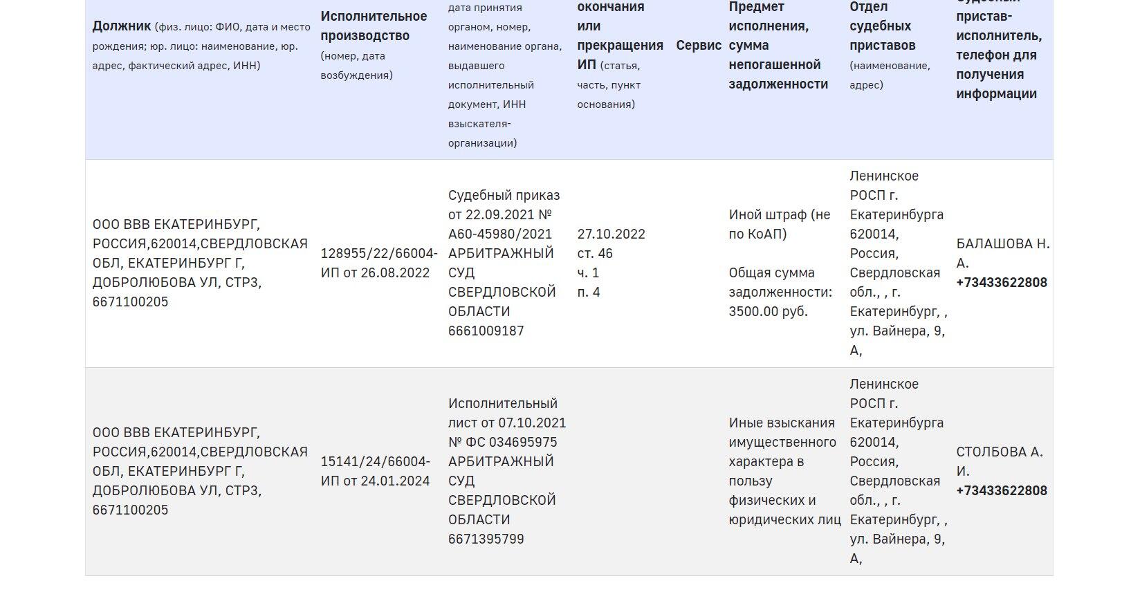 Скриншот из реестра исполнительных производств