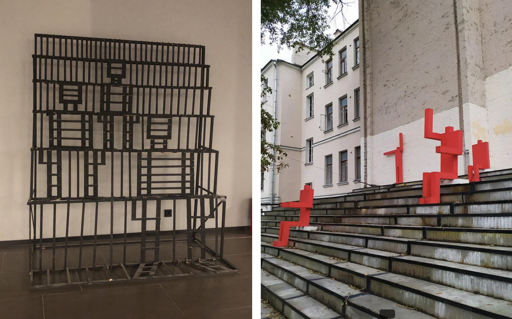 Слева – работа Сергея Лаушкина. Сейчас она небольшая и деревянная, но художник планирует сделать ее больше и из металла и поставить на улице или в парке. Справа – красные человечки Андрея Люблинского в Москве. Фото: Мария Рубинина / It's My City, «Маньяк-путешественник» / «Дзен» 