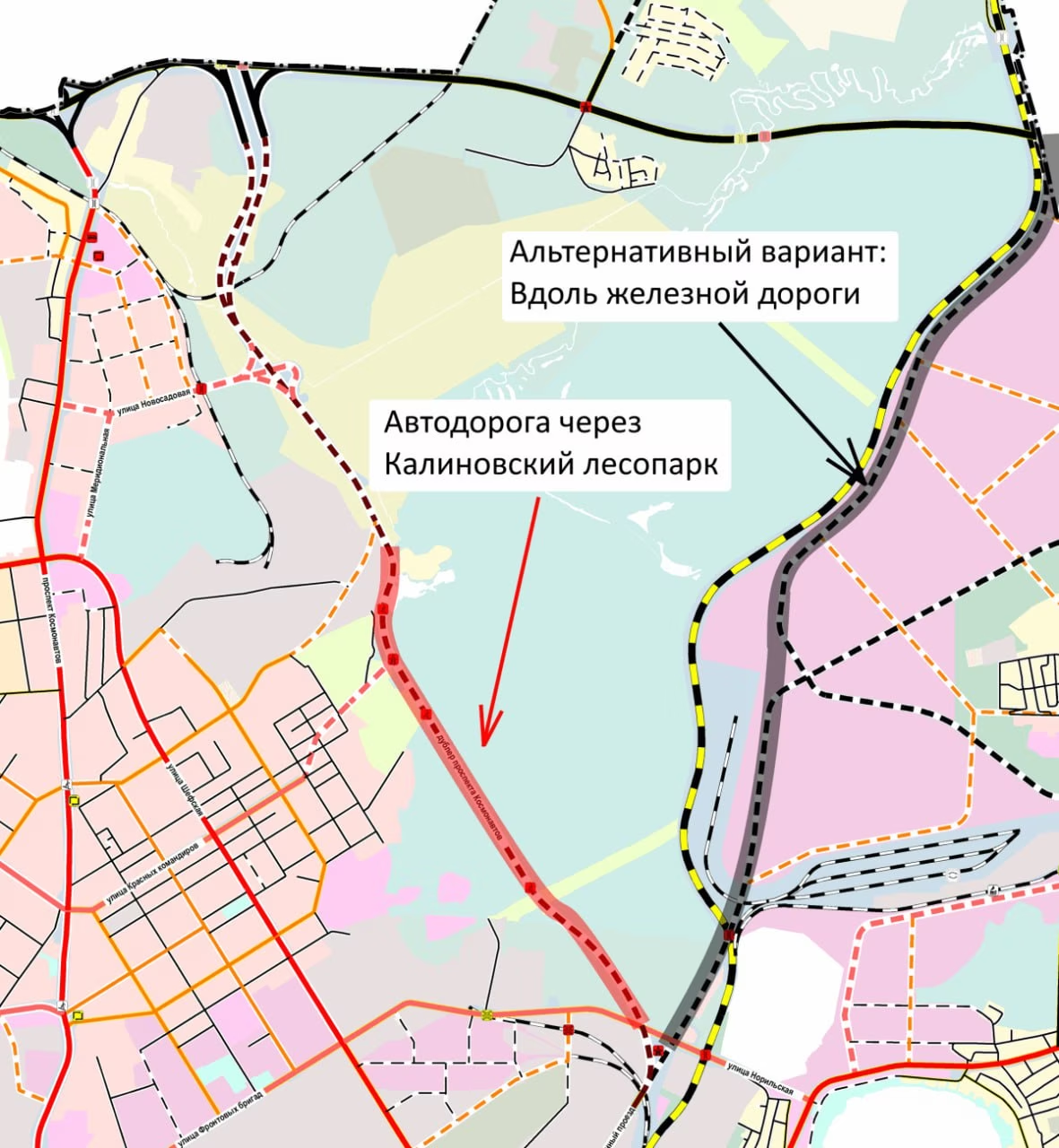 Как выглядит дорога в проекте генплана и как предлагают сделать активисты. Карта: «Мирные жители»