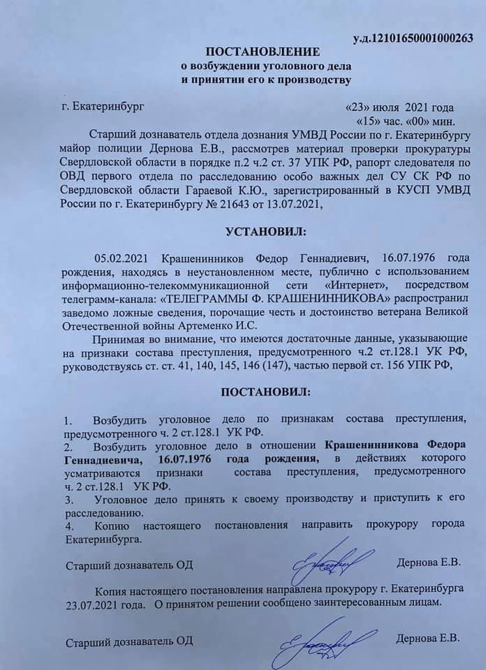 Постановление о возбуждении уголовного дела. Источник: Facebook Федора Крашенинникова
