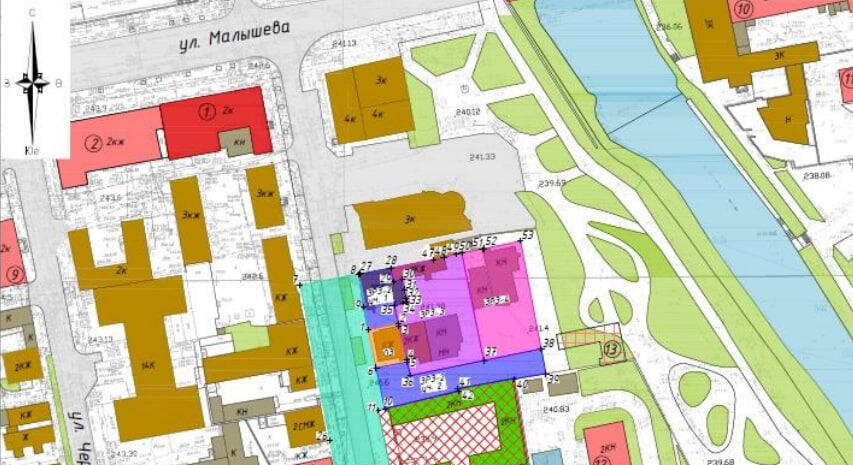 Проектная документация. Фиолоетовым выделена зона, где проектом допускалось строительство 16-этажного строения