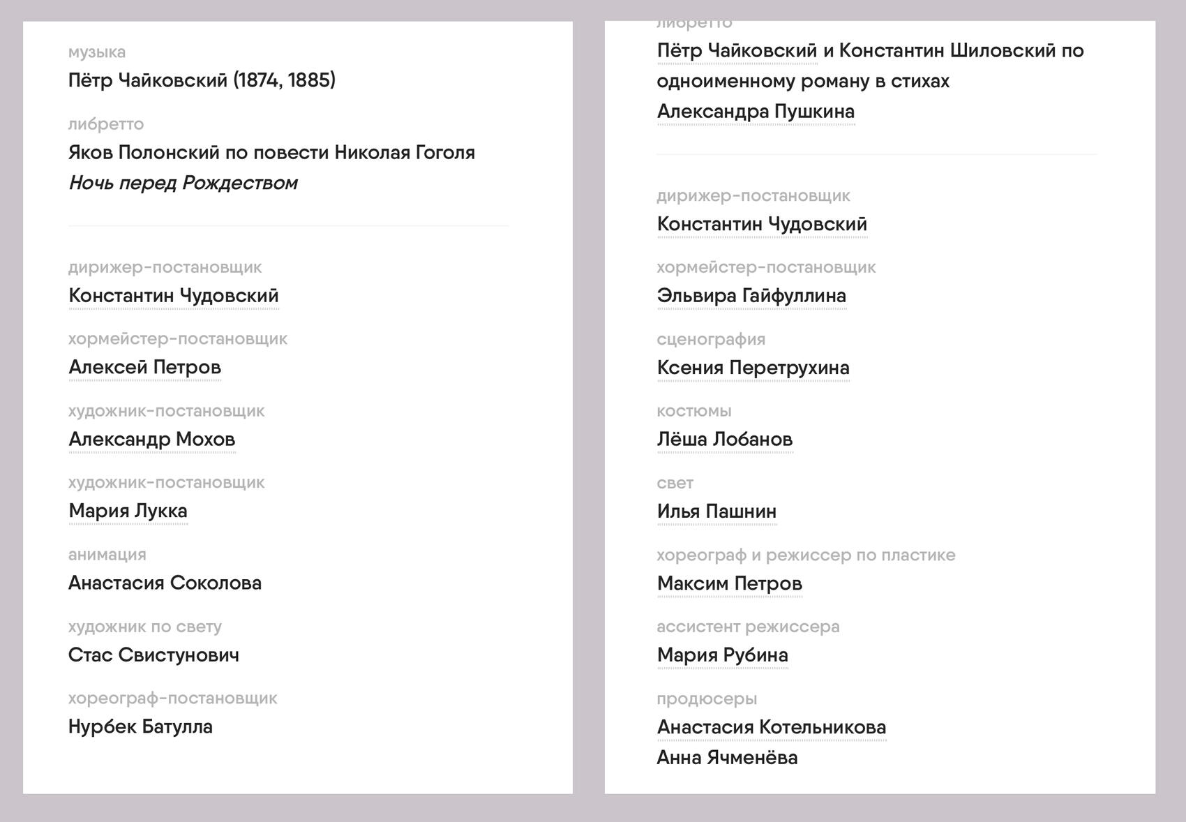 Слева – список создателей оперы «Черевички», справа – создатели оперы «Евгений Онегин». Скриншоты: сайт «Урал Опера Балет»